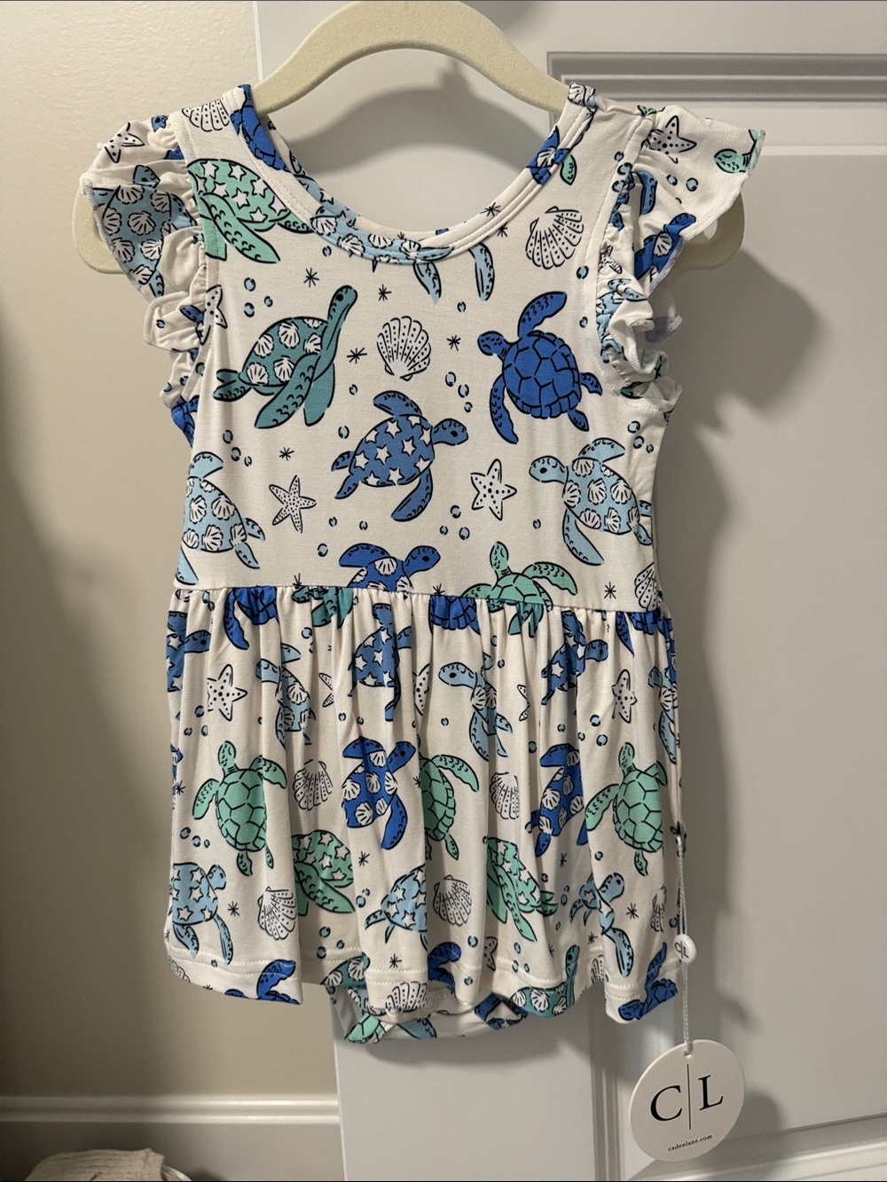 Caden Lane Turtle Print Flutter-Sleeve Tank Top - Blue & Green